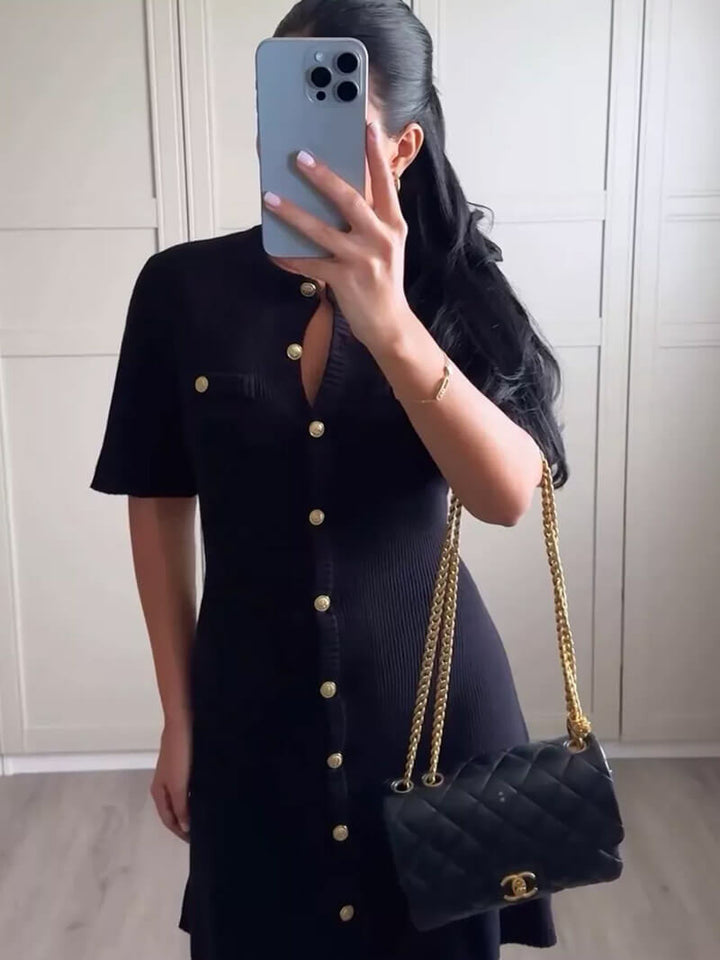 Women's Knit Dress Mini Button Down Detail | Short Sleeve