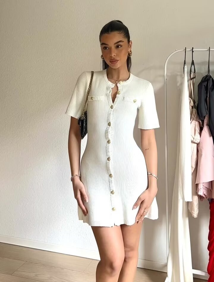 Women's Knit Dress Mini Button Down Detail | Short Sleeve