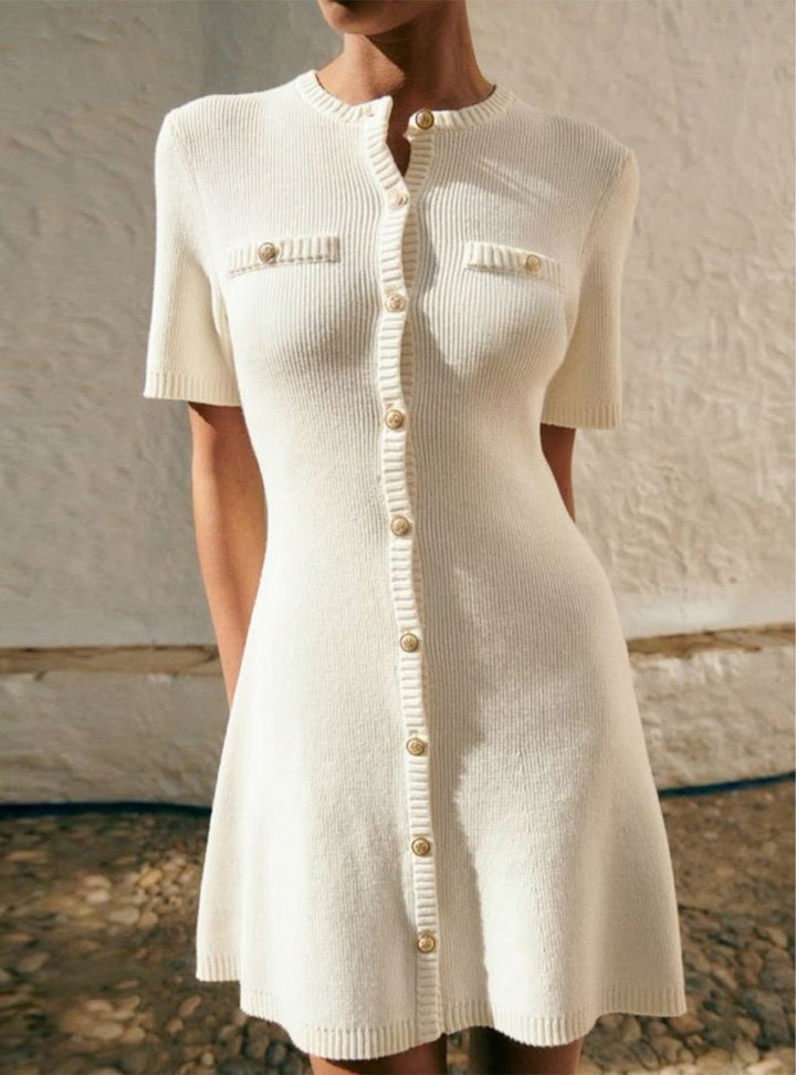 Women's Knit Dress Mini Button Down Detail | Short Sleeve