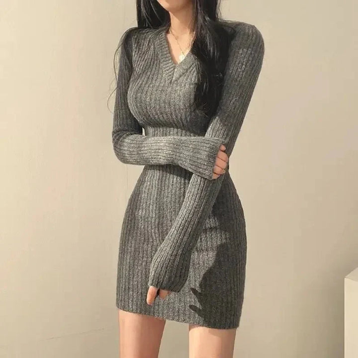 Rukayat | Women's Long Sleeve Mini Knit Dress | V Neck Bodycon