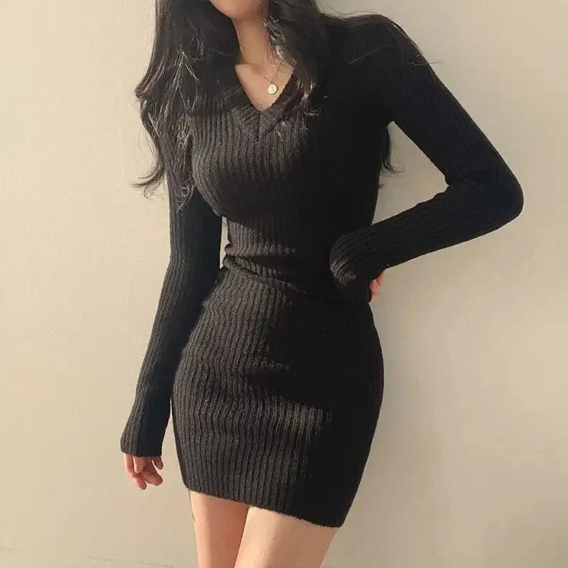 Rukayat | Women's Long Sleeve Mini Knit Dress | V Neck Bodycon