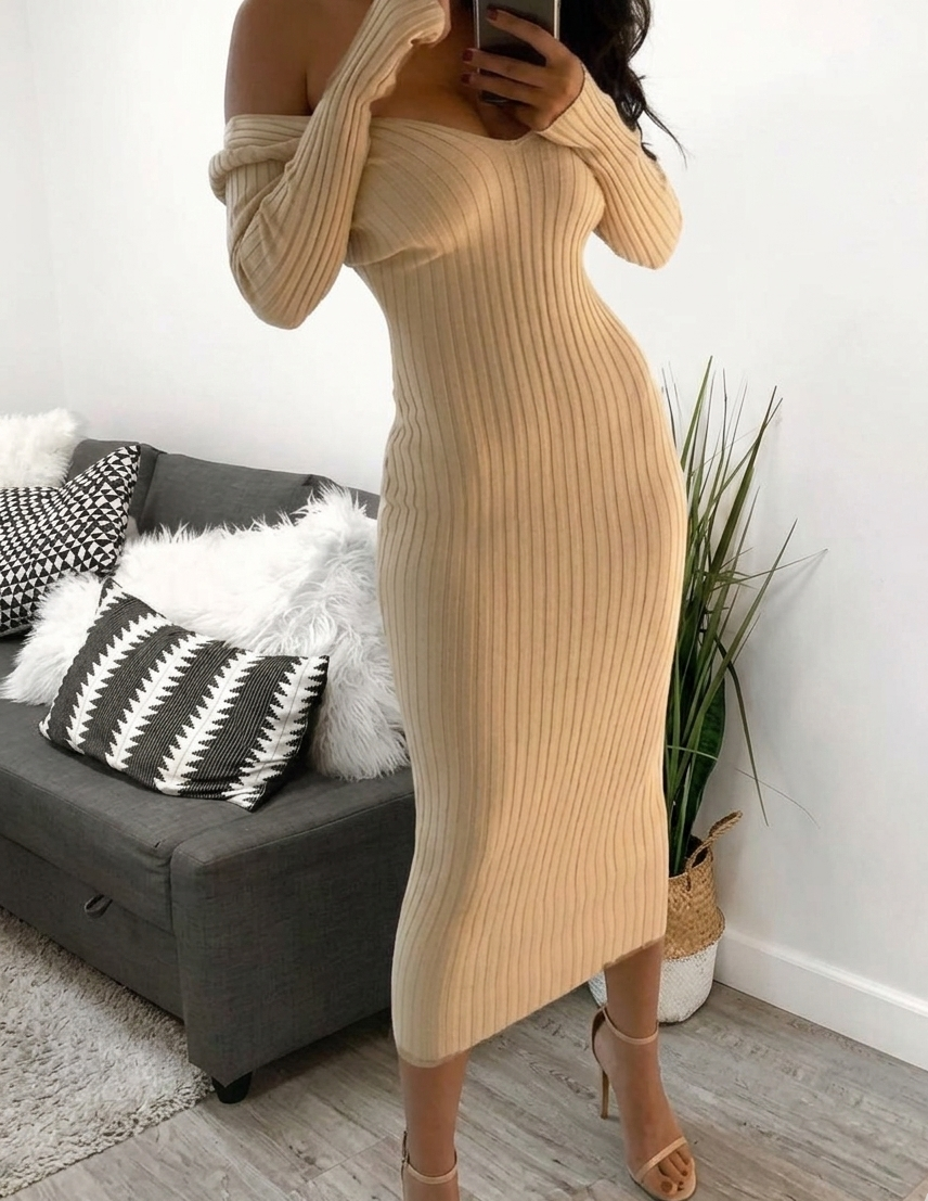 Sophronia | Women's Knit Midi Dress | Off Shoulder Party Style