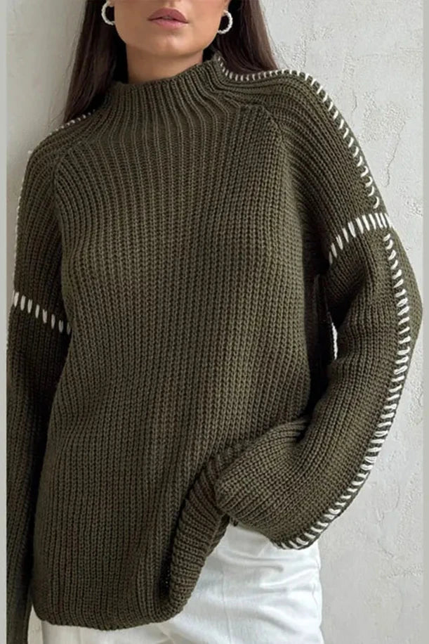 Solbritt | Women's Chunky Oversized Knitted Jumper | Mock Neck Contrast Stitch