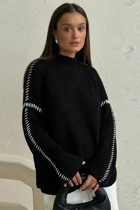 Solbritt | Women's Chunky Oversized Knitted Jumper | Mock Neck Contrast Stitch