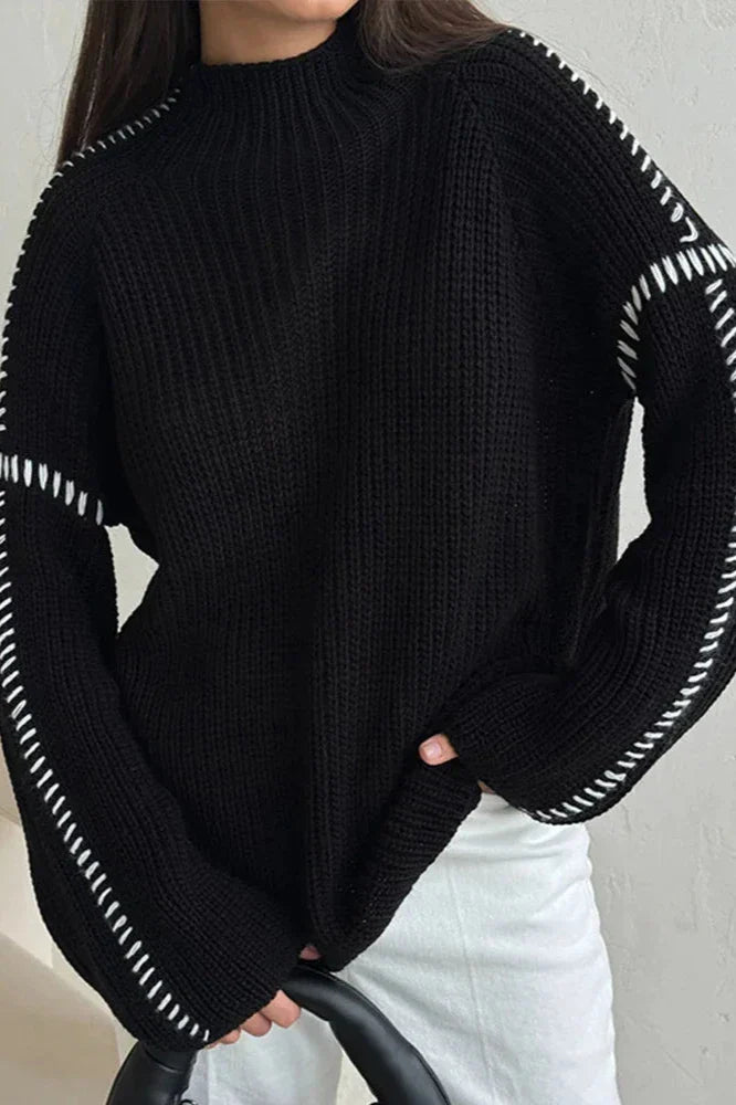 Solbritt | Women's Chunky Oversized Knitted Jumper | Mock Neck Contrast Stitch