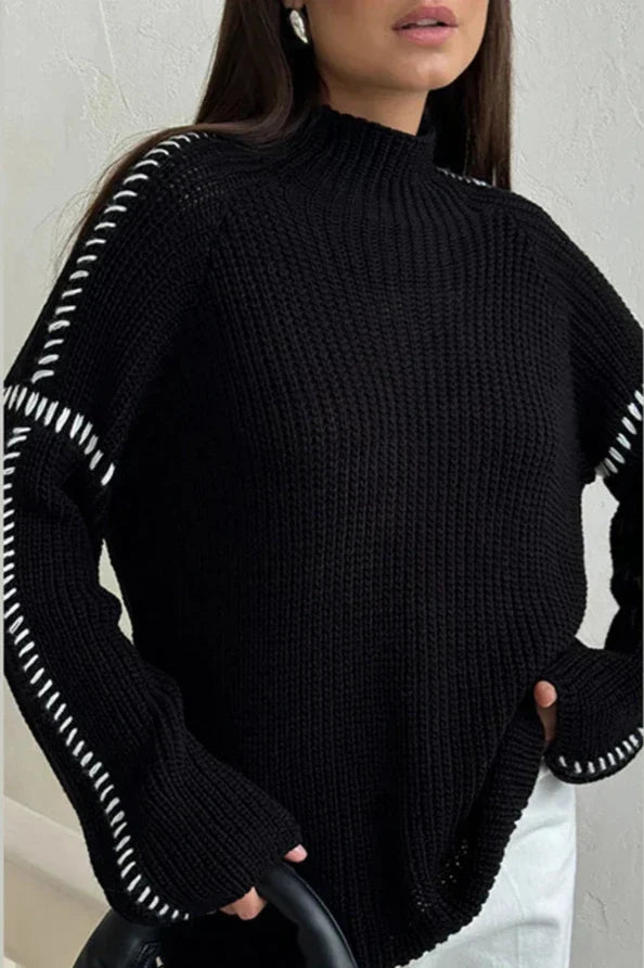 Solbritt | Women's Chunky Oversized Knitted Jumper | Mock Neck Contrast Stitch