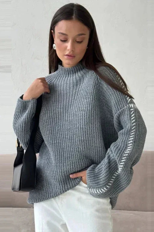 Solbritt | Women's Chunky Oversized Knitted Jumper | Mock Neck Contrast Stitch