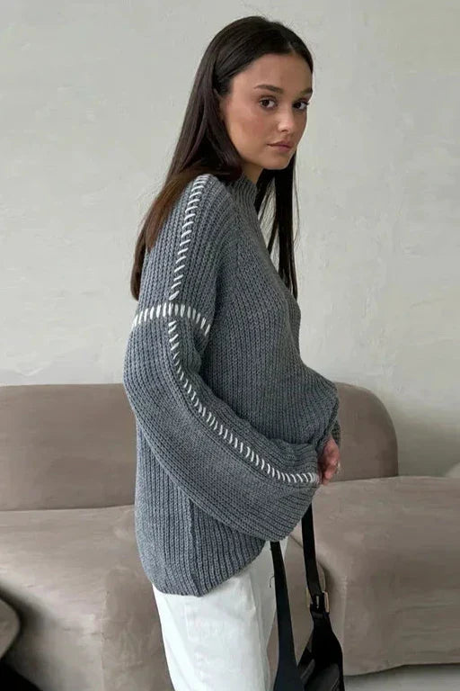 Solbritt | Women's Chunky Oversized Knitted Jumper | Mock Neck Contrast Stitch
