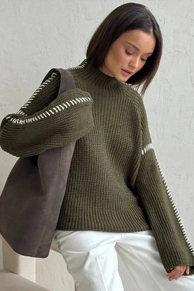 Solbritt | Women's Chunky Oversized Knitted Jumper | Mock Neck Contrast Stitch