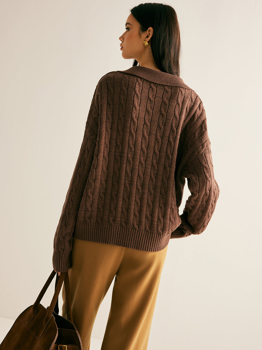 Hretha | Women's Knitted Jumper | Collared V-Neck Cable Knit
