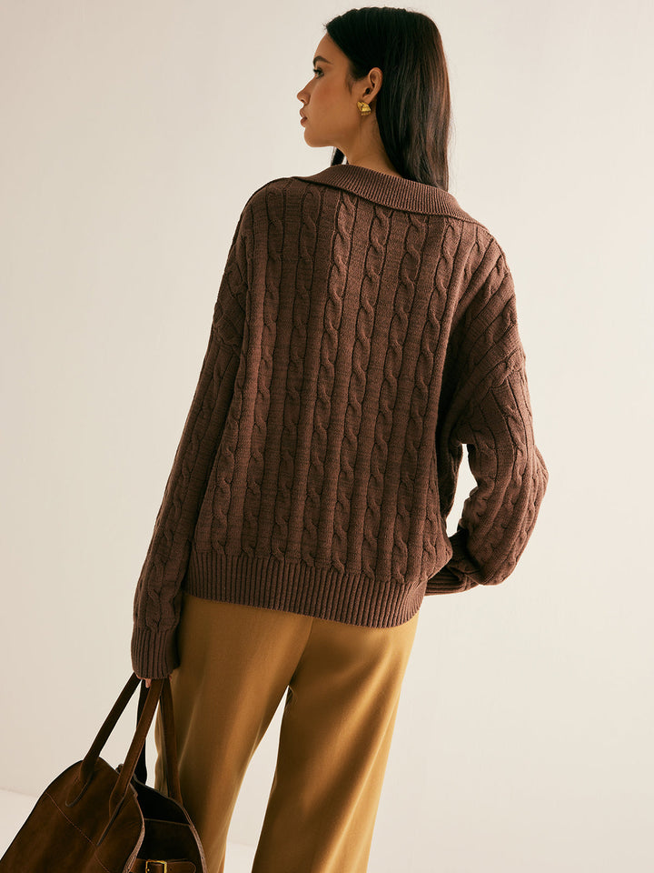 Hretha | Women's Knitted Jumper | Collared V-Neck Cable Knit