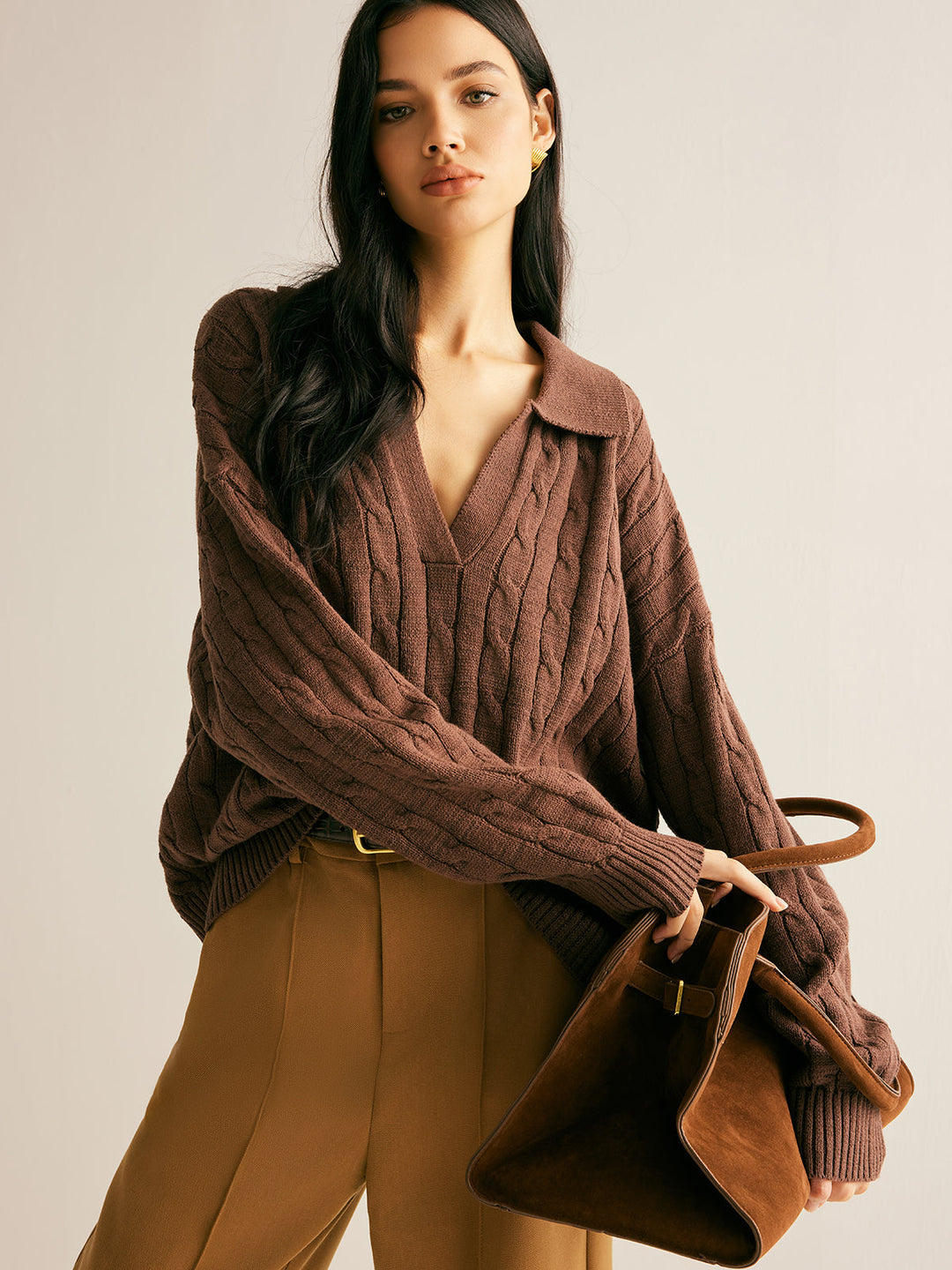 Hretha | Women's Knitted Jumper | Collared V-Neck Cable Knit