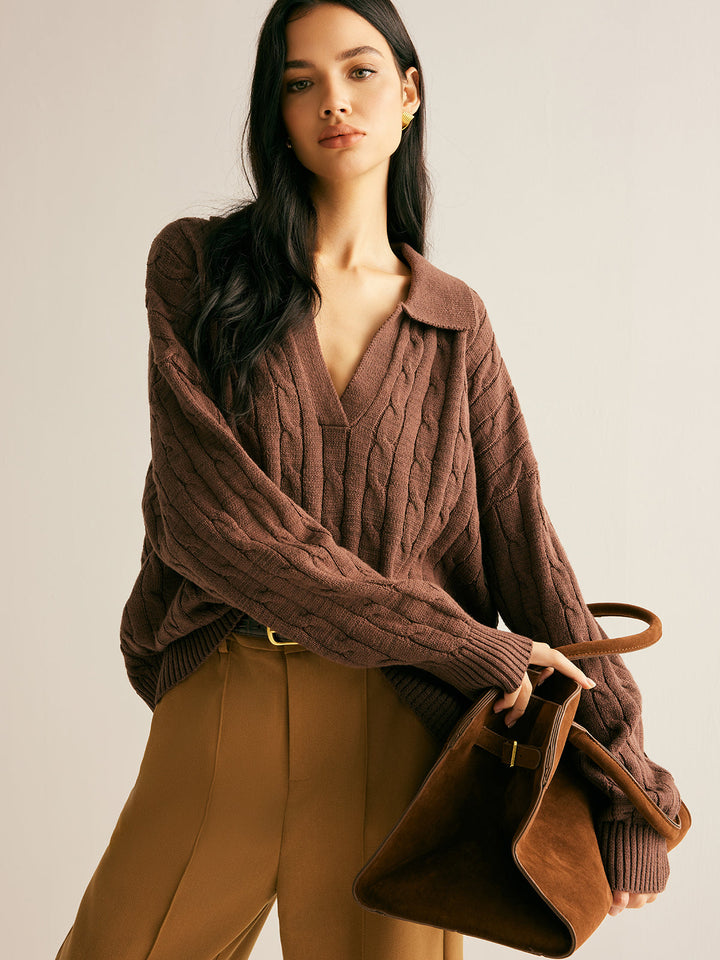 Hretha | Women's Knitted Jumper | Collared V-Neck Cable Knit
