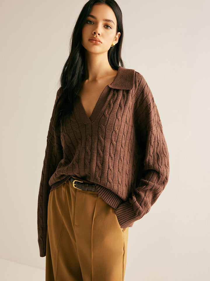 Hretha | Women's Knitted Jumper | Collared V-Neck Cable Knit