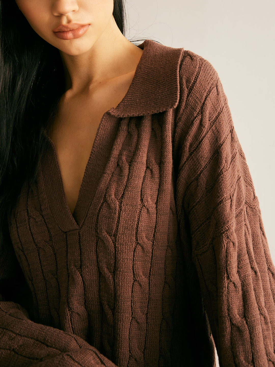 Hretha | Women's Knitted Jumper | Collared V-Neck Cable Knit