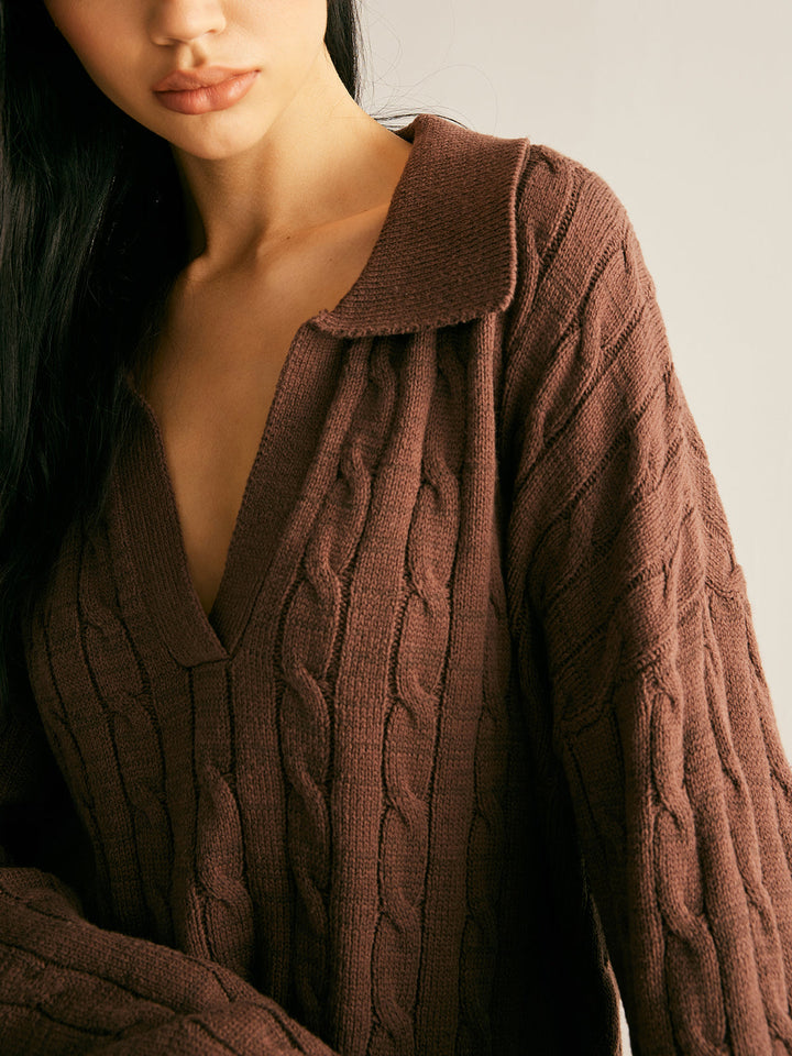 Hretha | Women's Knitted Jumper | Collared V-Neck Cable Knit