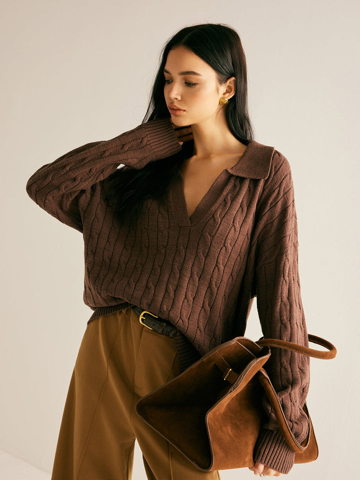 Hretha | Women's Knitted Jumper | Collared V-Neck Cable Knit