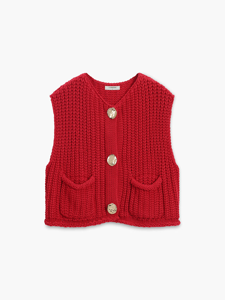 Osthryth | Women's Cropped Knitted Vest | Patch Pockets Button Front