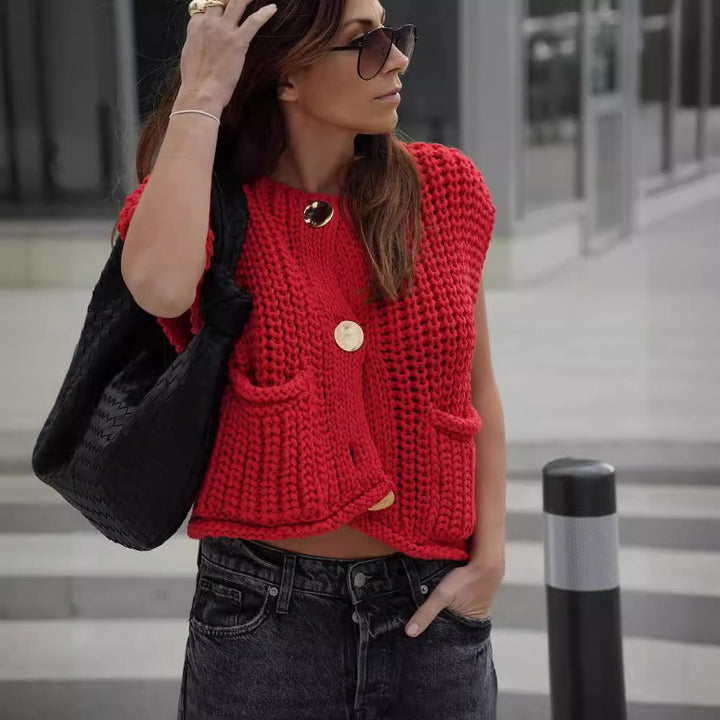 Osthryth | Women's Cropped Knitted Vest | Patch Pockets Button Front