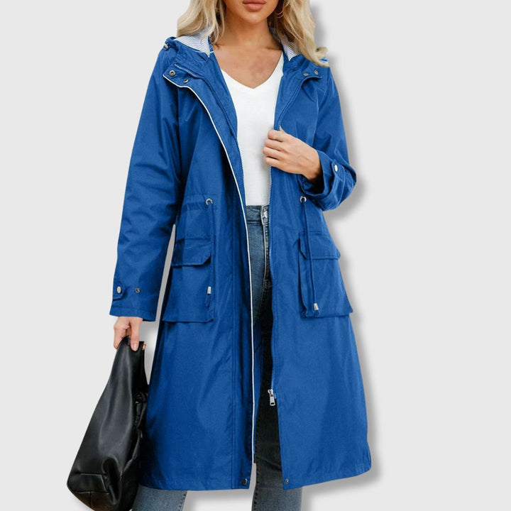 Basma | Women's Long Hooded Rain Jacket | Drawstring Waist Zip