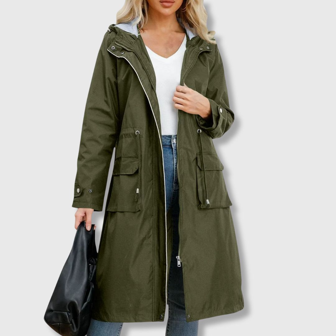 Basma | Women's Long Hooded Rain Jacket | Drawstring Waist Zip