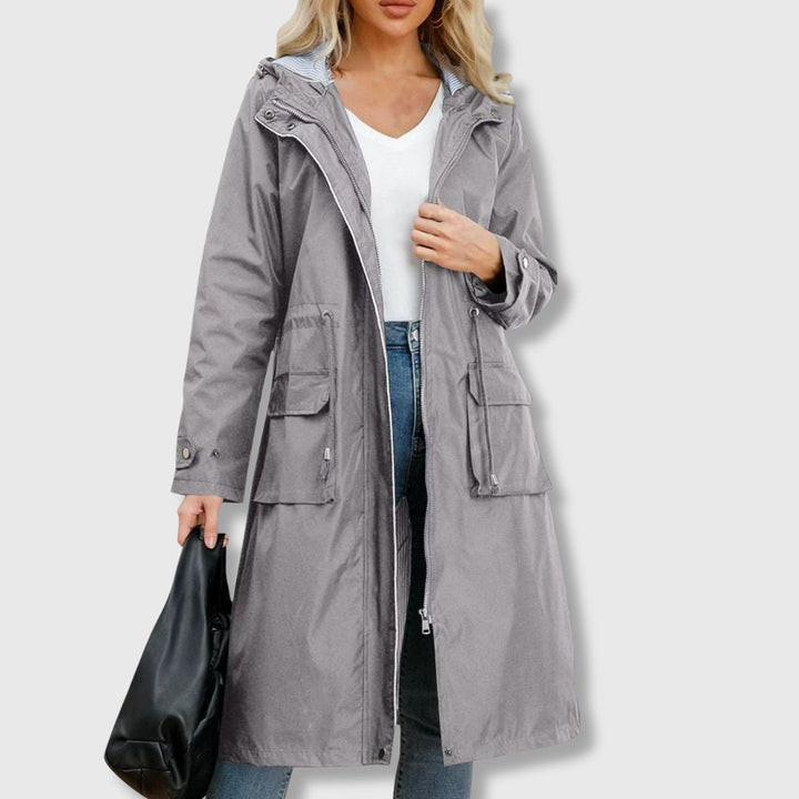 Basma | Women's Long Hooded Rain Jacket | Drawstring Waist Zip