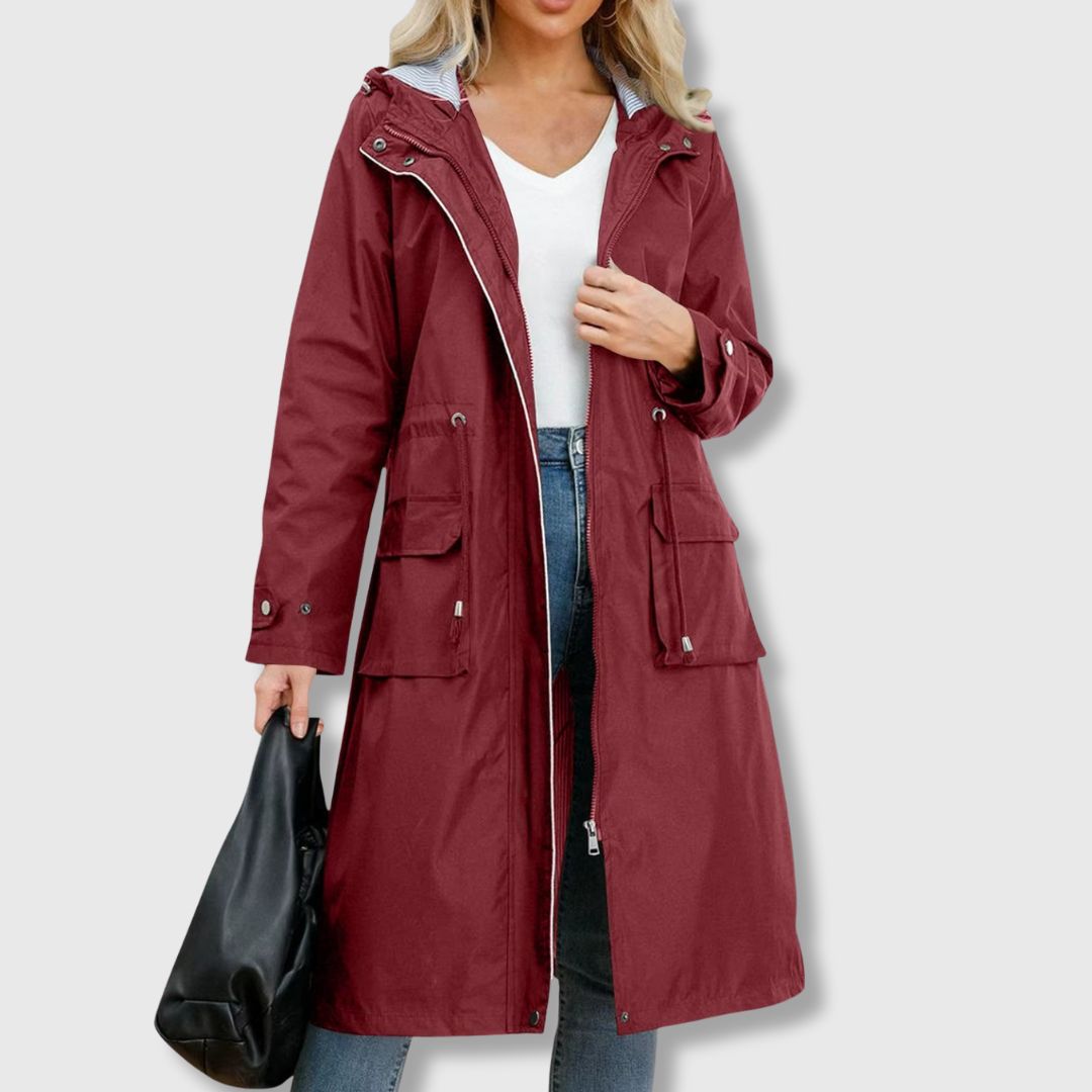 Basma | Women's Long Hooded Rain Jacket | Drawstring Waist Zip