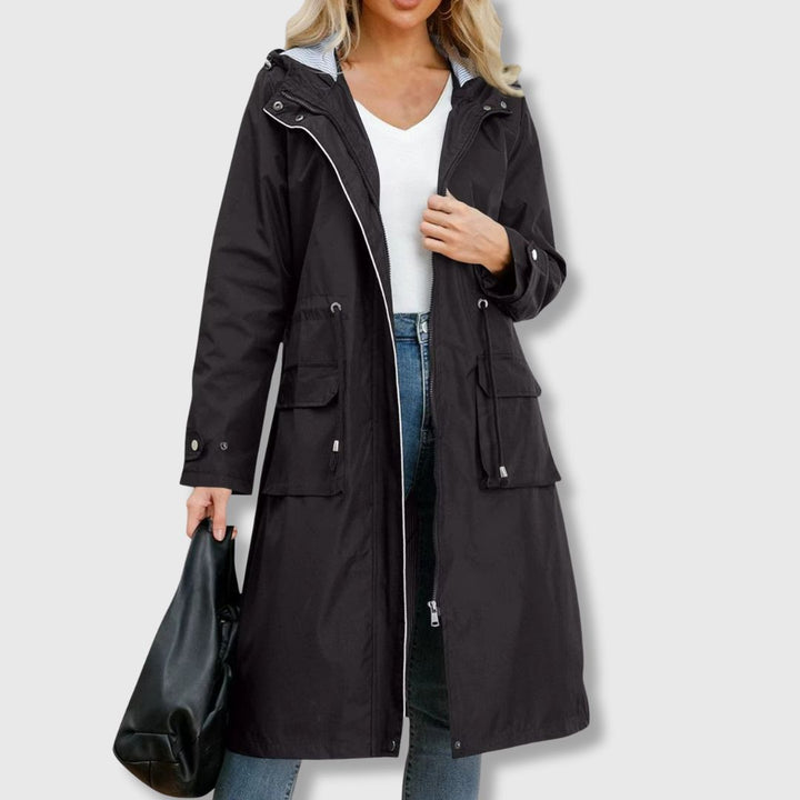 Basma | Women's Long Hooded Rain Jacket | Drawstring Waist Zip
