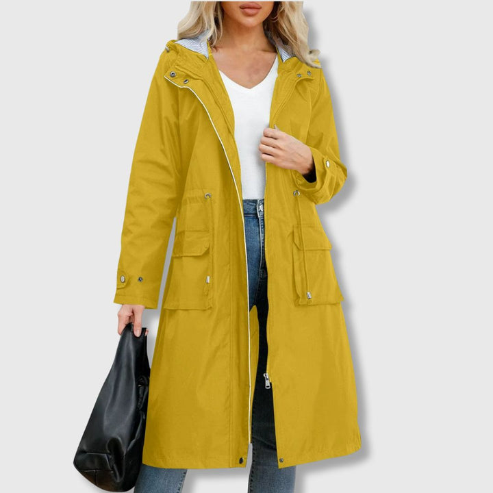 Basma | Women's Long Hooded Rain Jacket | Drawstring Waist Zip