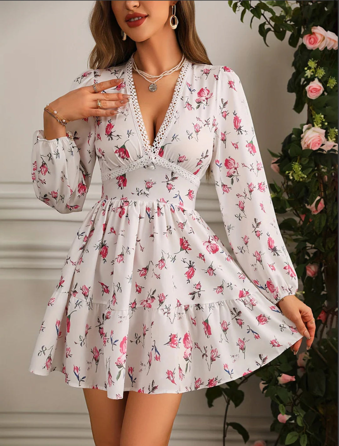 Suri | Women's Long Sleeve Mini Dress | Floral V Neck