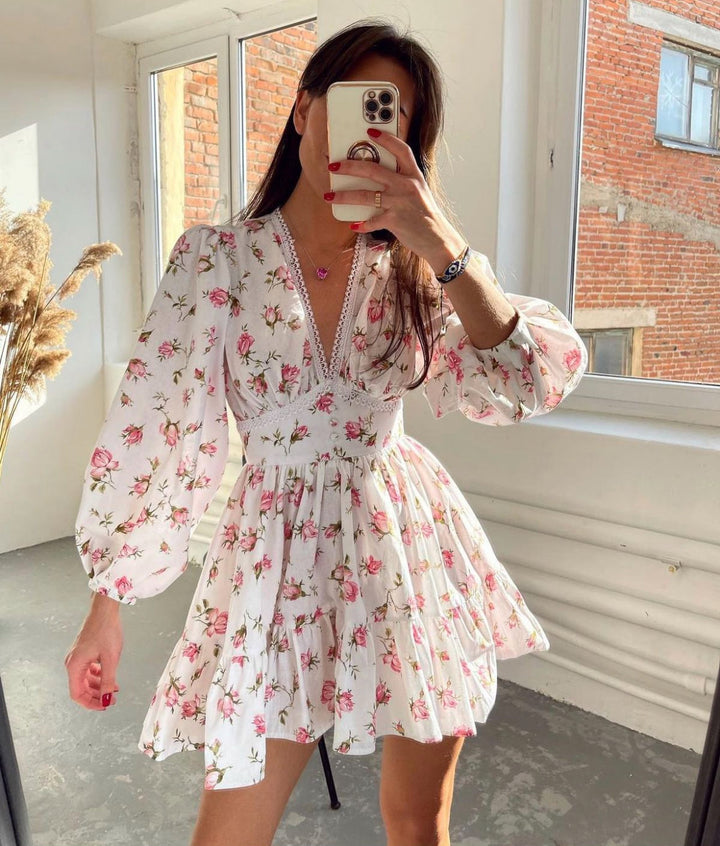 Suri | Women's Long Sleeve Mini Dress | Floral V Neck
