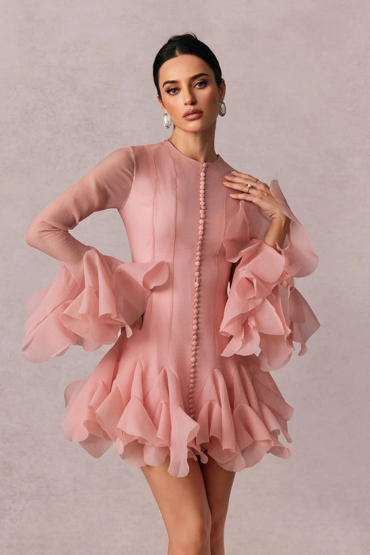 Masego | Women's Long Sleeve Cocktail Mini Dress | Ruffle Detail
