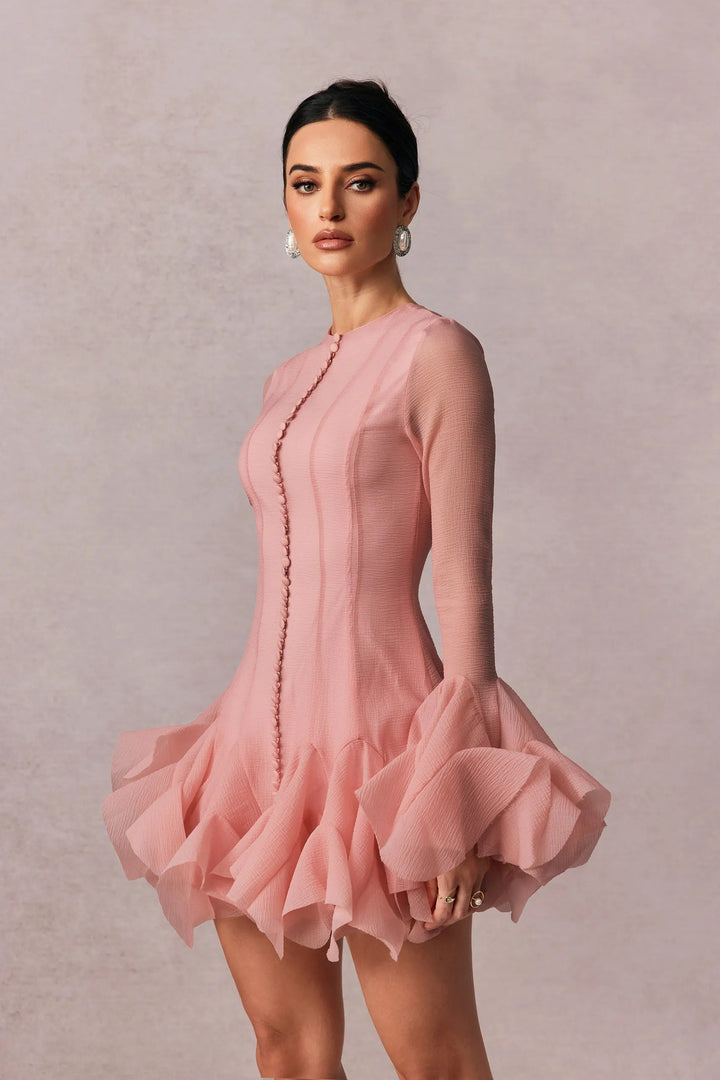 Masego | Women's Long Sleeve Cocktail Mini Dress | Ruffle Detail