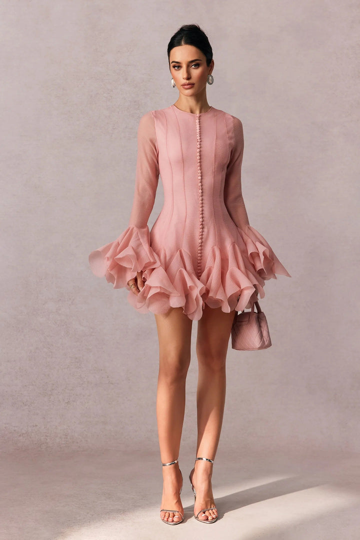 Masego | Women's Long Sleeve Cocktail Mini Dress | Ruffle Detail