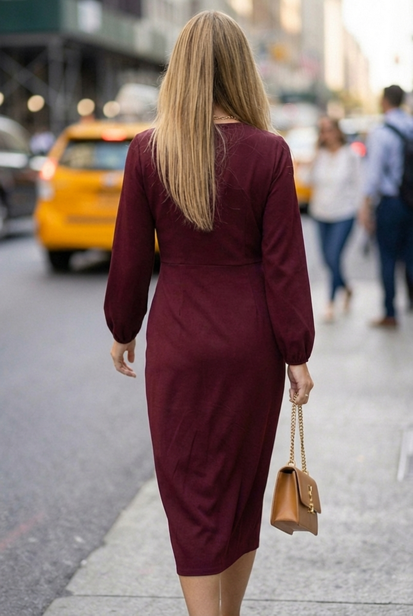 Lethu | Women's Long Sleeve Formal Midi Dress | Wrap Front