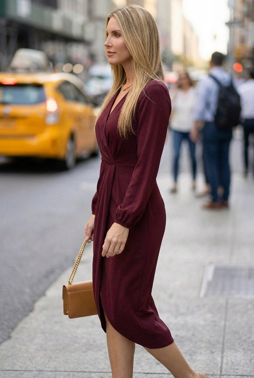 Lethu | Women's Long Sleeve Formal Midi Dress | Wrap Front