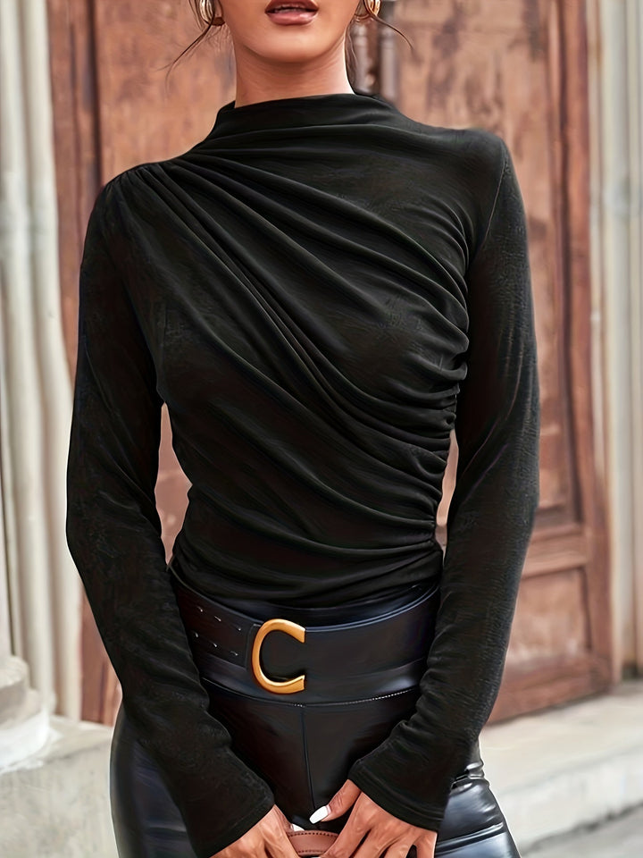 Callista | Women's Long Sleeve Top | Mock Neck Diagonal Ruched