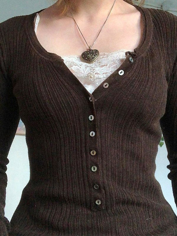Gerlinde | Women's Ribbed Knit Long Sleeve Top | Button Front V Neck