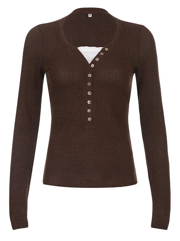 Gerlinde | Women's Ribbed Knit Long Sleeve Top | Button Front V Neck