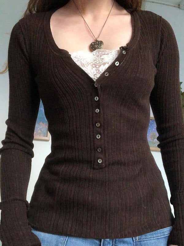 Gerlinde | Women's Ribbed Knit Long Sleeve Top | Button Front V Neck