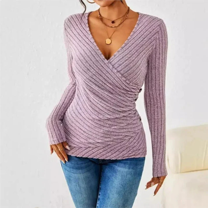 Phyllis | Women's Ribbed Long Sleeve Top | Wrap V-Neck Ruched