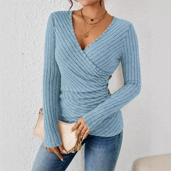 Phyllis | Women's Ribbed Long Sleeve Top | Wrap V-Neck Ruched