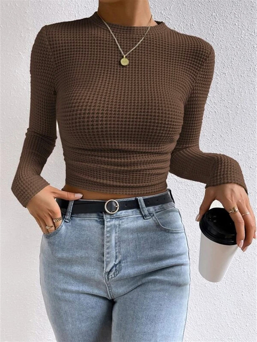 Leukippe | Women's Waffle Knit Long Sleeve Top | Crew Neck