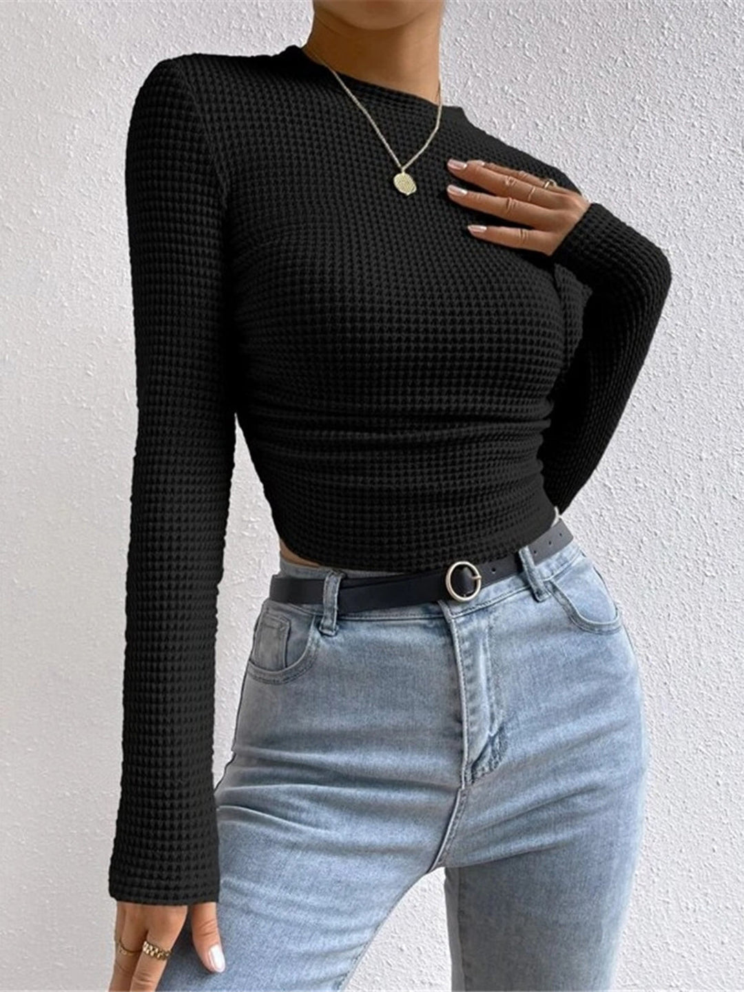 Leukippe | Women's Waffle Knit Long Sleeve Top | Crew Neck