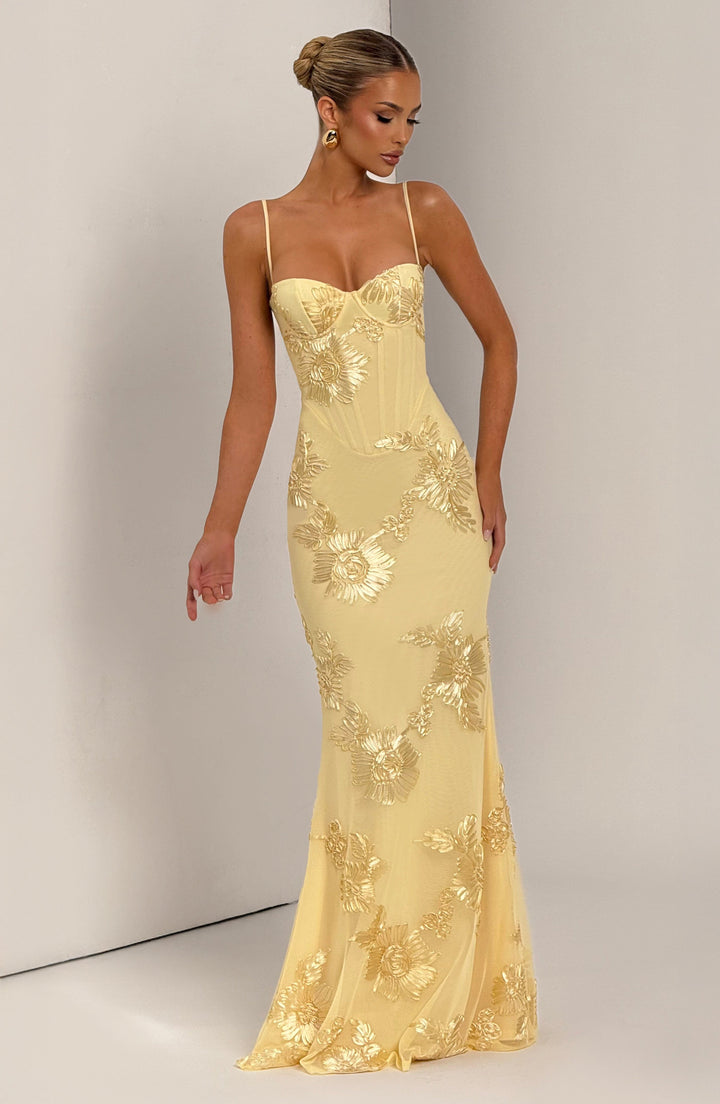 Women's Maxi Corset Dress with Floral Embroidery | Spaghetti Strap