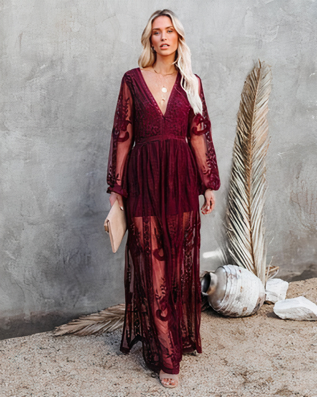 Oona | Women's Long Sleeve Evening Maxi Dress | V Neck Slit