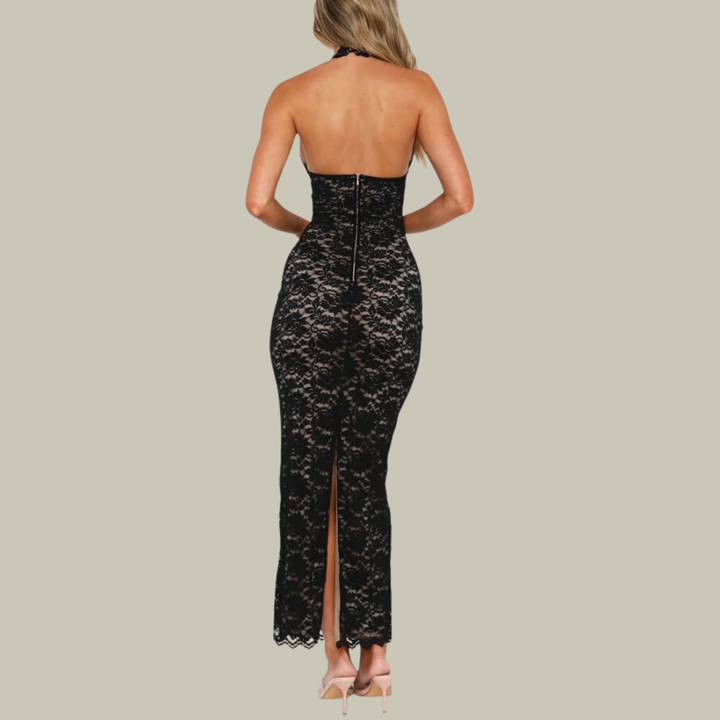 Women's Maxi Lace Dress with Halter Neck & V Neck | Bodycon