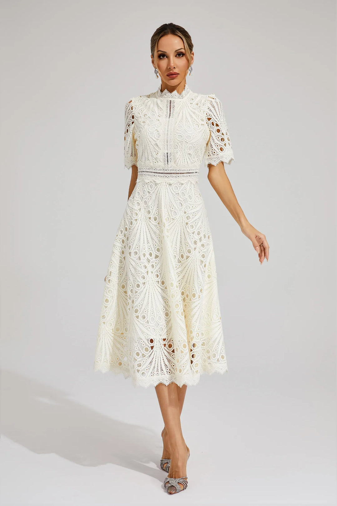 Women's Midi Lace Dress with High Neck & Short Sleeves | A Line