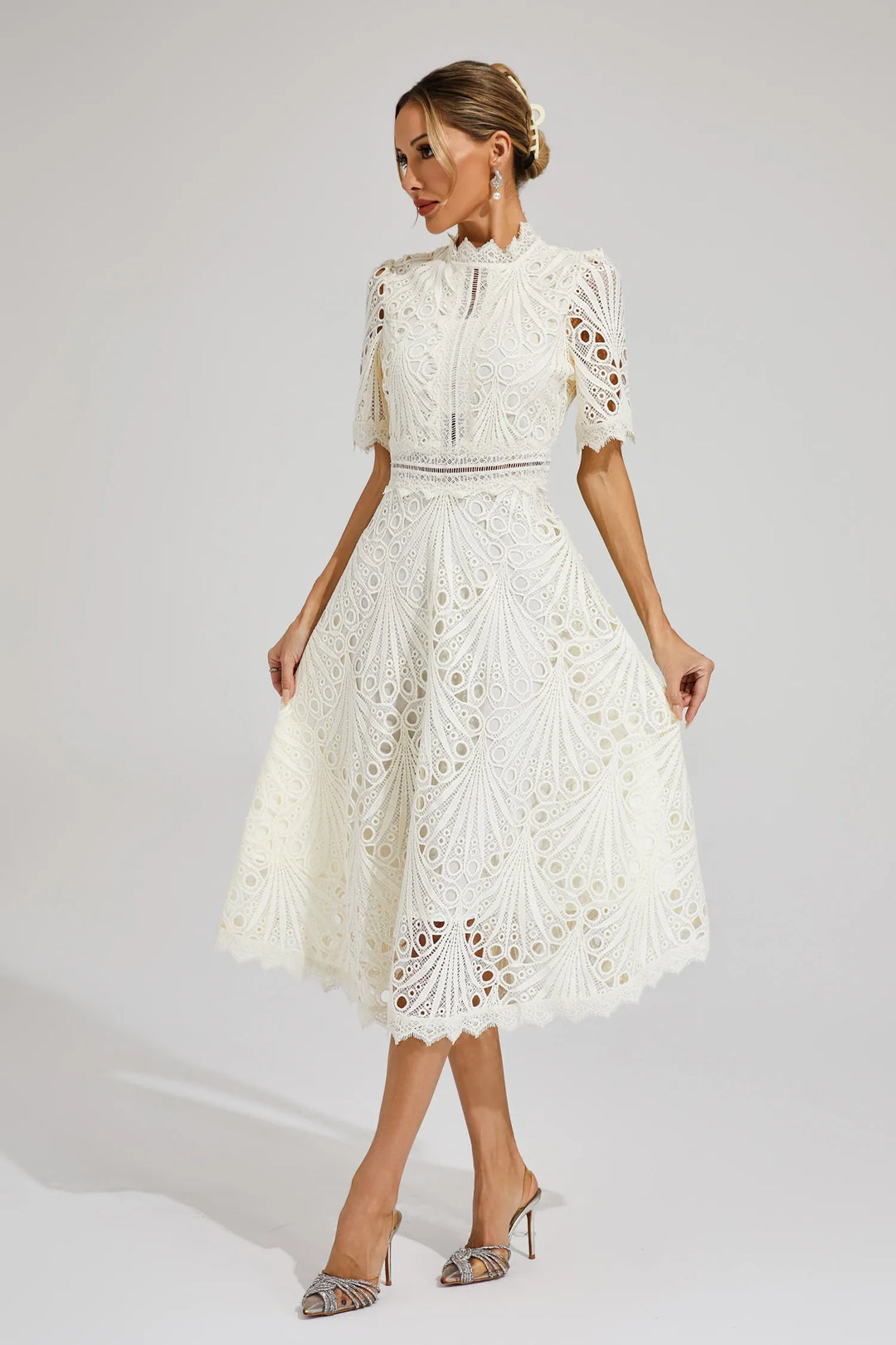 Women's Midi Lace Dress with High Neck & Short Sleeves | A Line