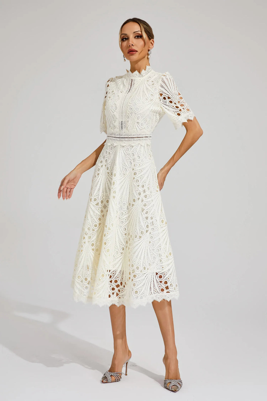 Women's Midi Lace Dress with High Neck & Short Sleeves | A Line